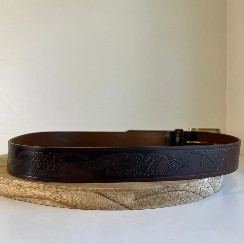 Wrangler Brown Genuine Leather Eagle Tooled Western Belt Unisex Size Large